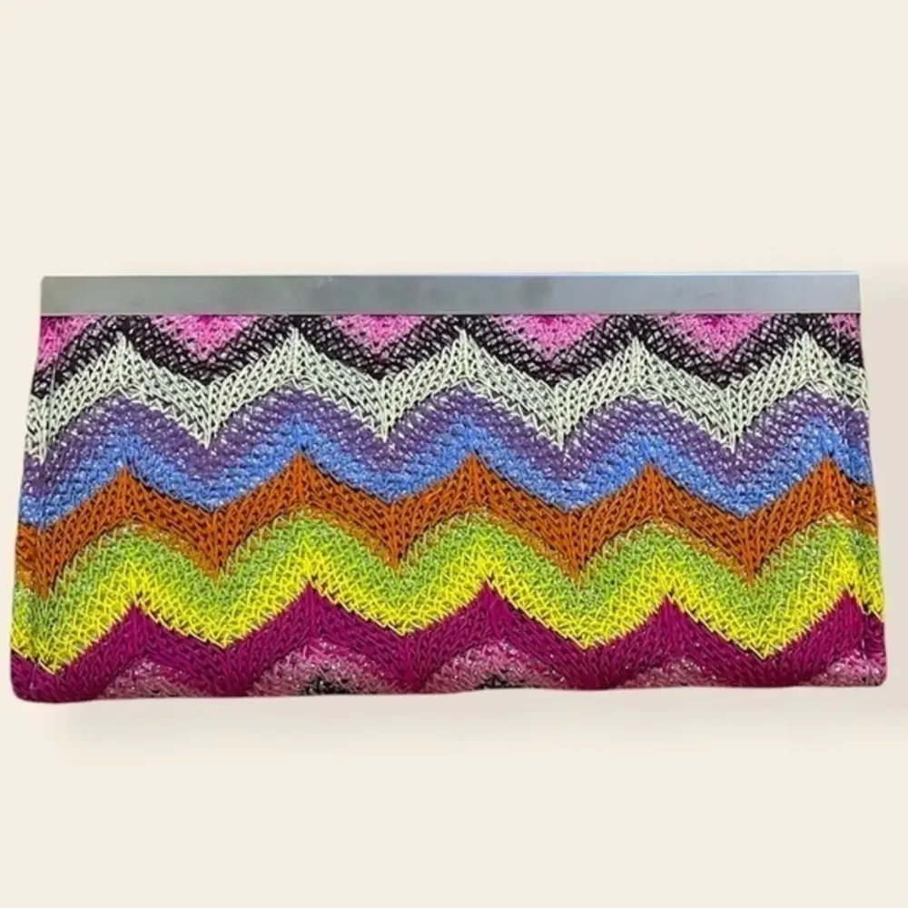Knit Wallet w Push Lock Closure Colorful‎ Sparkly Rainbow Zig Zags Woven Pattern